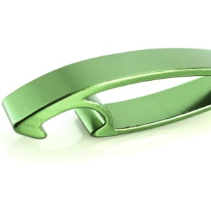 A drink bottle opener keyring in shiny green metal, featuring a sleek, minimalist design and a logo.
