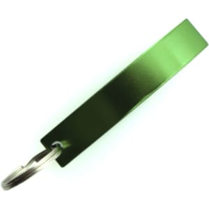 A green bottle opener keyring with a simple rectangular design and a metal keyring attachment.