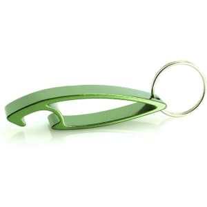 A green metal bottle opener keyring with a shiny finish and a circular attachment for keys.