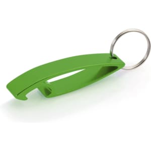 A green drink bottle opener keyring with a metal keyring attachment. It features a sleek, curved design.