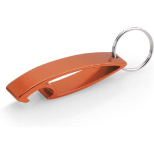 An orange bottle opener keyring with a sleek design, featuring a metal keyring attachment.