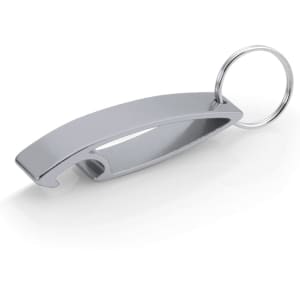 A drink bottle opener keyring in shiny chrome with a smooth, curved design and a metal keyring attachment.