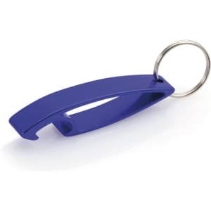 A drink bottle opener keyring in a vibrant blue colour with a metal keyring attachment.