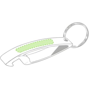 A drink bottle opener keyring in silver with a green accent, featuring a keyring attachment and a sleek design.