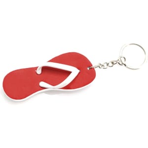 A red flip-flop keyring with white straps, attached to a metal chain and keyring.