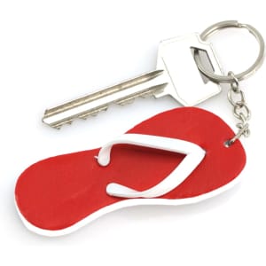A red flip-flop keyring with a white strap attached to a silver key and keychain.
