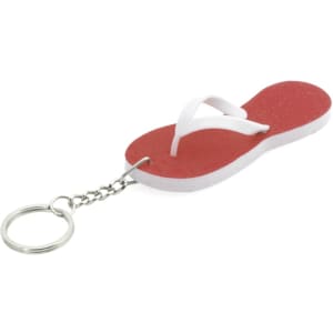 A red flip-flop keyring with white straps, attached to a metal chain and ring.