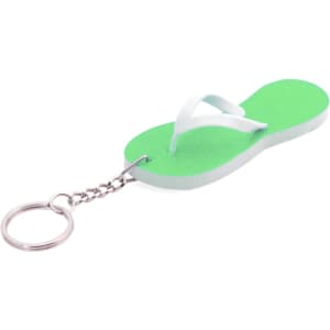A green flip-flop keyring with a silver chain. It features a simple design and a white strap.