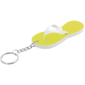 A yellow flip-flop keyring with white straps, attached to a metal chain and keyring.