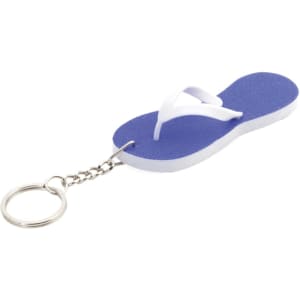 A blue and white flip-flop keyring with a silver chain attachment. The keyring features a simple, playful design.