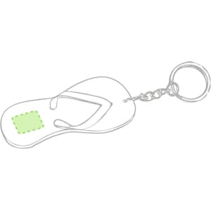 A green flip flop-shaped keyring with a circle chain attachment and a blank area for custom branding.