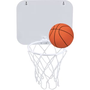 A basketball hoop in white with a realistic orange basketball approaching the net.