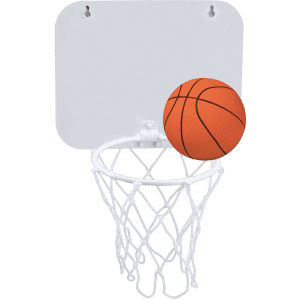 A basketball hoop with a white backboard and an orange basketball resting on the rim.