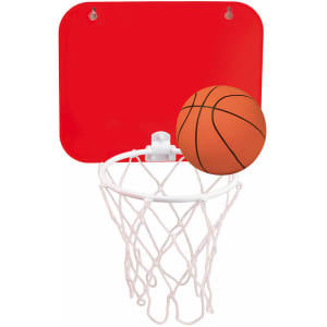 A red backboard with a white net and an orange basketball. The backboard has two mounting hooks.