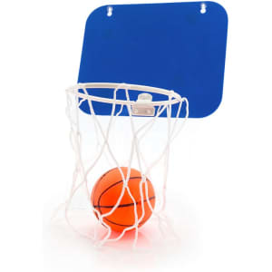 A basketball hoop with a blue backboard and an orange basketball inside the netting. The hoop has a white net.