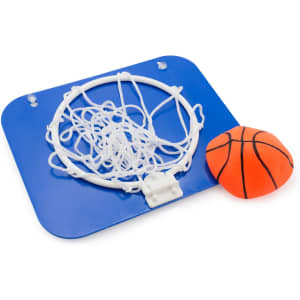 A blue basketball hoop with a white net and an orange foam basketball, featuring a mounting plate.