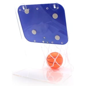 A blue acrylic basketball hoop with an orange ball in the net below. The product has a logo on it.