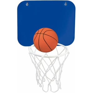 A mini basketball hoop featuring a blue backboard and an orange basketball resting in a white net.