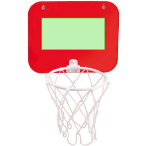 A red basketball hoop with a white net and a green backboard, featuring mounting clips for attachment.