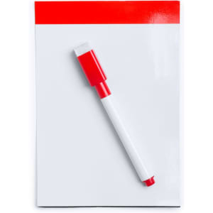 A red and white magnetic whiteboard with a matching red marker positioned on top.
