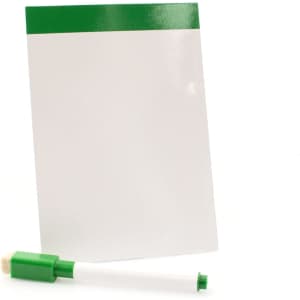 A white magnetic whiteboard with a green top edge and a green-tipped marker beside it.
