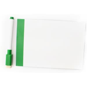 A magnetic whiteboard in white with a green edge, accompanied by a green-tipped marker.