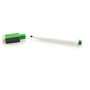 A green and white dry-erase marker with a green cap and an attached black felt eraser.