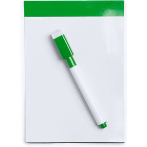 A white magnetic whiteboard featuring a green trim, paired with a green and white dry erase marker.