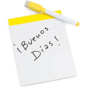 A magnetic whiteboard with a yellow top border and a white dry-erase marker beside it.