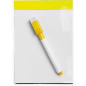 A white magnetic whiteboard with a yellow top border and a yellow and white marker attached.