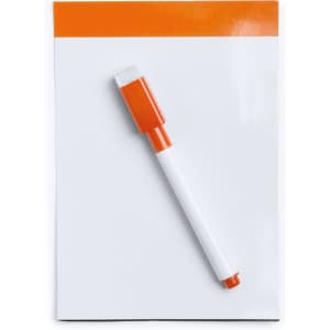 A magnetic whiteboard in white with an orange border, accompanied by an orange and white marker.