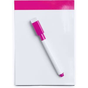 A magnetic whiteboard with a pink border and a pink marker with an eraser attached.