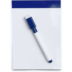 A magnetic whiteboard with a glossy white surface and a blue-bordered top, accompanied by a blue marker.