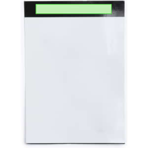 A white magnetic whiteboard with a green accent at the top, designed for office use.