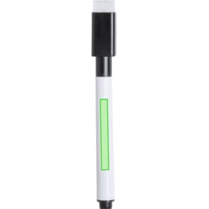 A whiteboard marker with a black cap and a green highlighting area on the barrel. It has a branded logo.