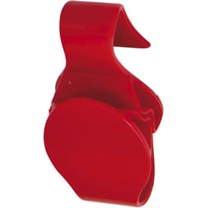 A red Taker Bag Holder with a circular base and a curved clip design. It features a logo on the surface.