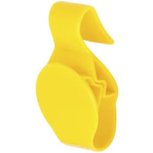 A yellow Taker Bag Holder with a clip design, featuring a smooth, rounded structure and an integrated branding logo.