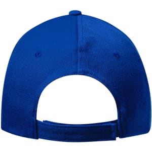 A blue cap featuring a smooth fabric texture and an adjustable strap at the back. It has a logo on it.
