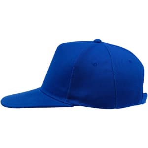 A blue cap with a flat brim and a fitted design, featuring a logo on the front.