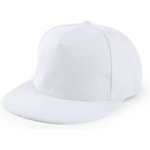 A white cap with a structured design and a curved brim, featuring a logo on the front.