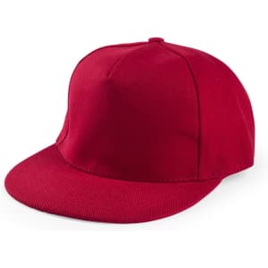 A red cap with a flat brim and a structured crown. It features a logo on the front.