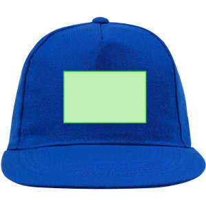 A blue cap with a green rectangular area on the front. It features a logo or branding.
