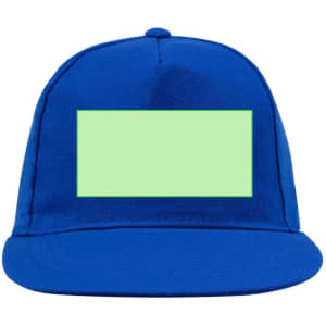 A blue cap featuring a blank green rectangular area. The cap has a flat brim and a structured design.