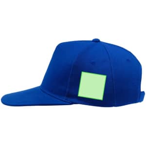 A blue cap with a flat brim and an area for branding or logos on the side.