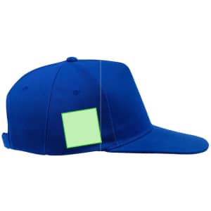 A blue cap with a structured crown and a long visor, featuring a branding area on the side.