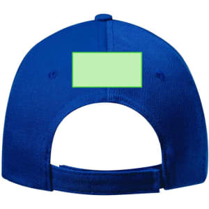 A blue cap featuring an adjustable strap and a blank green label on the back. It has a logo on the front.