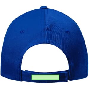 A blue cap featuring a back closure strap and a logo on the rear.