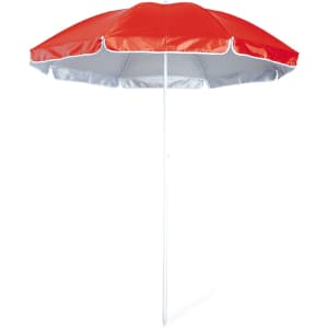 A beach umbrella featuring a vibrant red top and a silver underside, with a white pole supporting it.