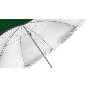 A green and white beach umbrella featuring a silver pole and a logo on the canopy.