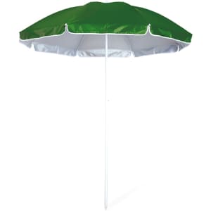 A green and white beach umbrella with a central pole, designed for outdoor leisure use.